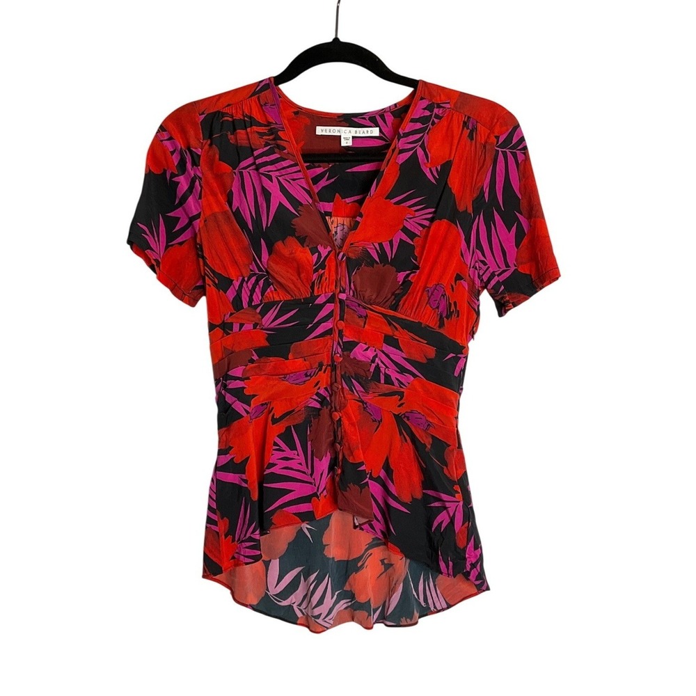Veronica Beard Pevero Floral Silk Blouse Ruched V-Neck Button Front Short Sleeve